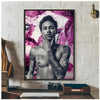 A portrait of Neymar Jr football legend featuring dark hair and tattoos against a vibrant pink background.