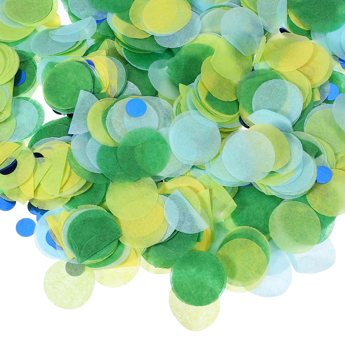 A pile of round tissue paper confetti dots in shades of green and yellow-green.
