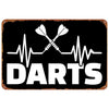 Vintage metal sign featuring a heartbeat line and crossed darts for a bar or game room