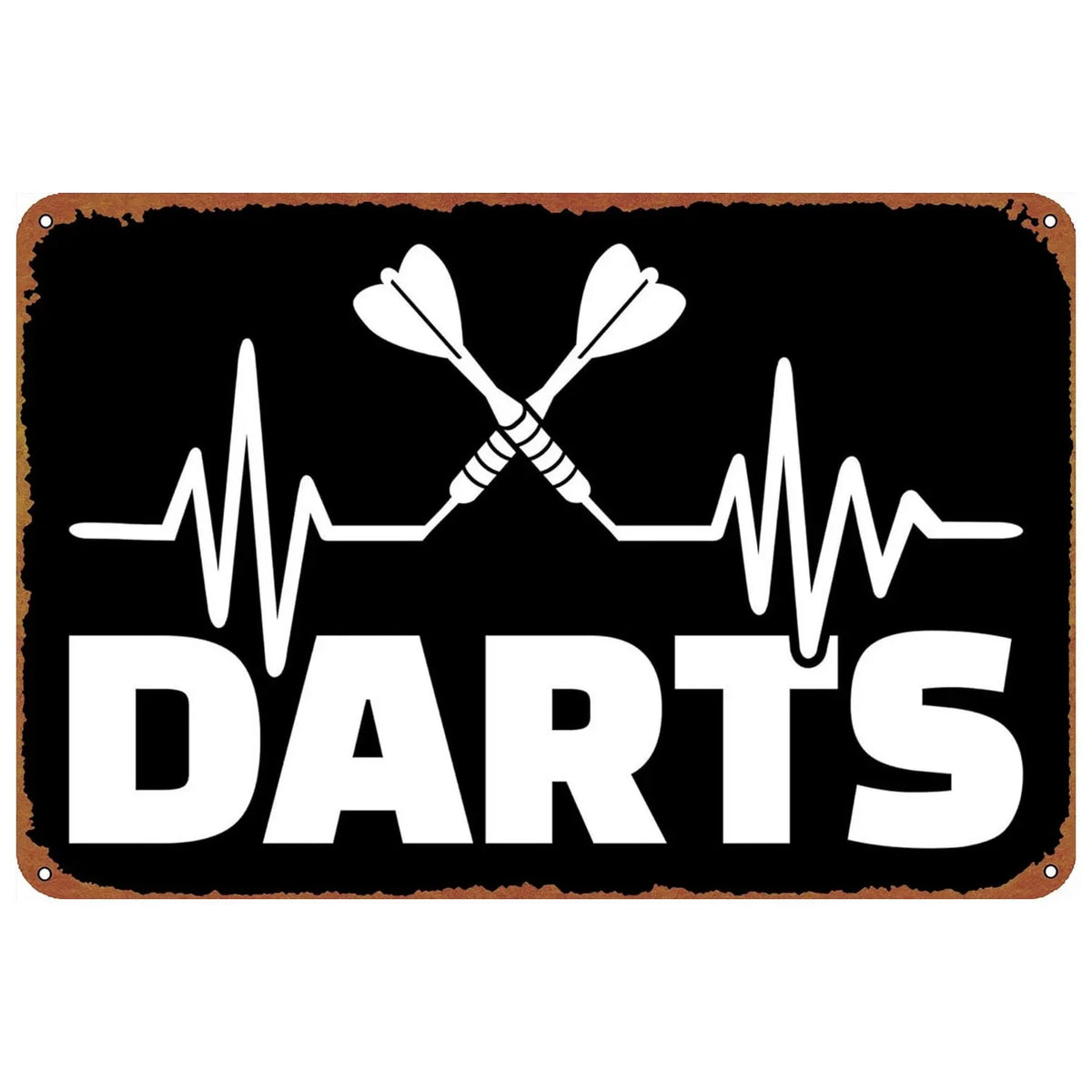 Vintage metal sign featuring a heartbeat line and crossed darts for a bar or game room