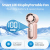 A pink smart LED display portable fan showing battery and speed information against a snowy background.