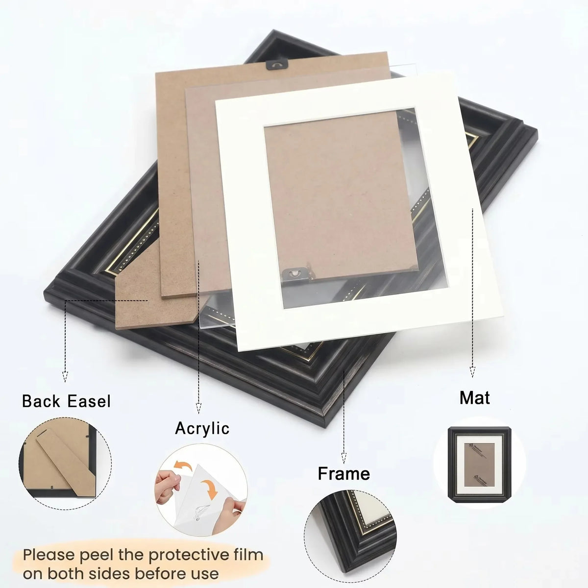 A dark wood photo frame with antique gold trim and a white mat displayed on a black background.
