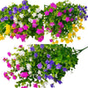 A vibrant display of faux floral plants featuring purple, pink, white, and yellow blossoms on green foliage.