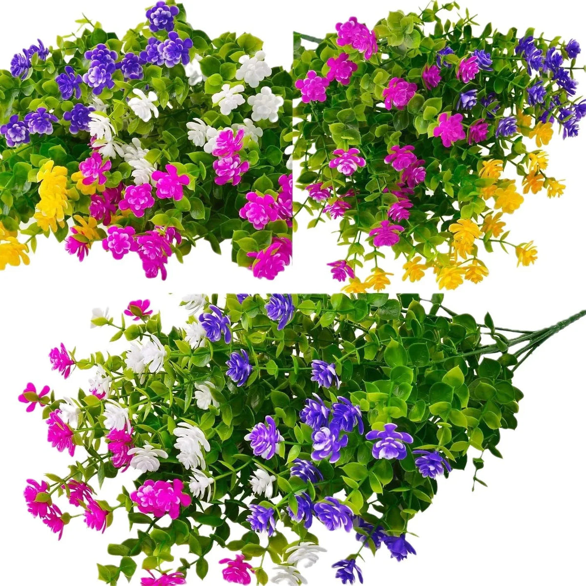 A vibrant display of faux floral plants featuring purple, pink, white, and yellow blossoms on green foliage.
