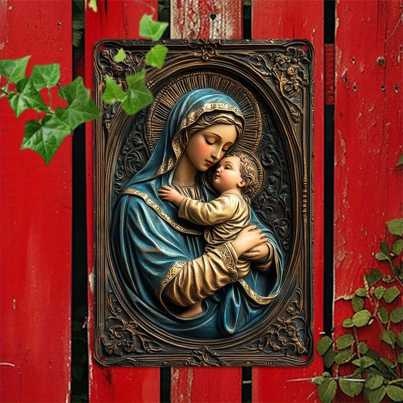 A metal sign depicting the Virgin Mary holding the infant Jesus, set in an ornate frame.