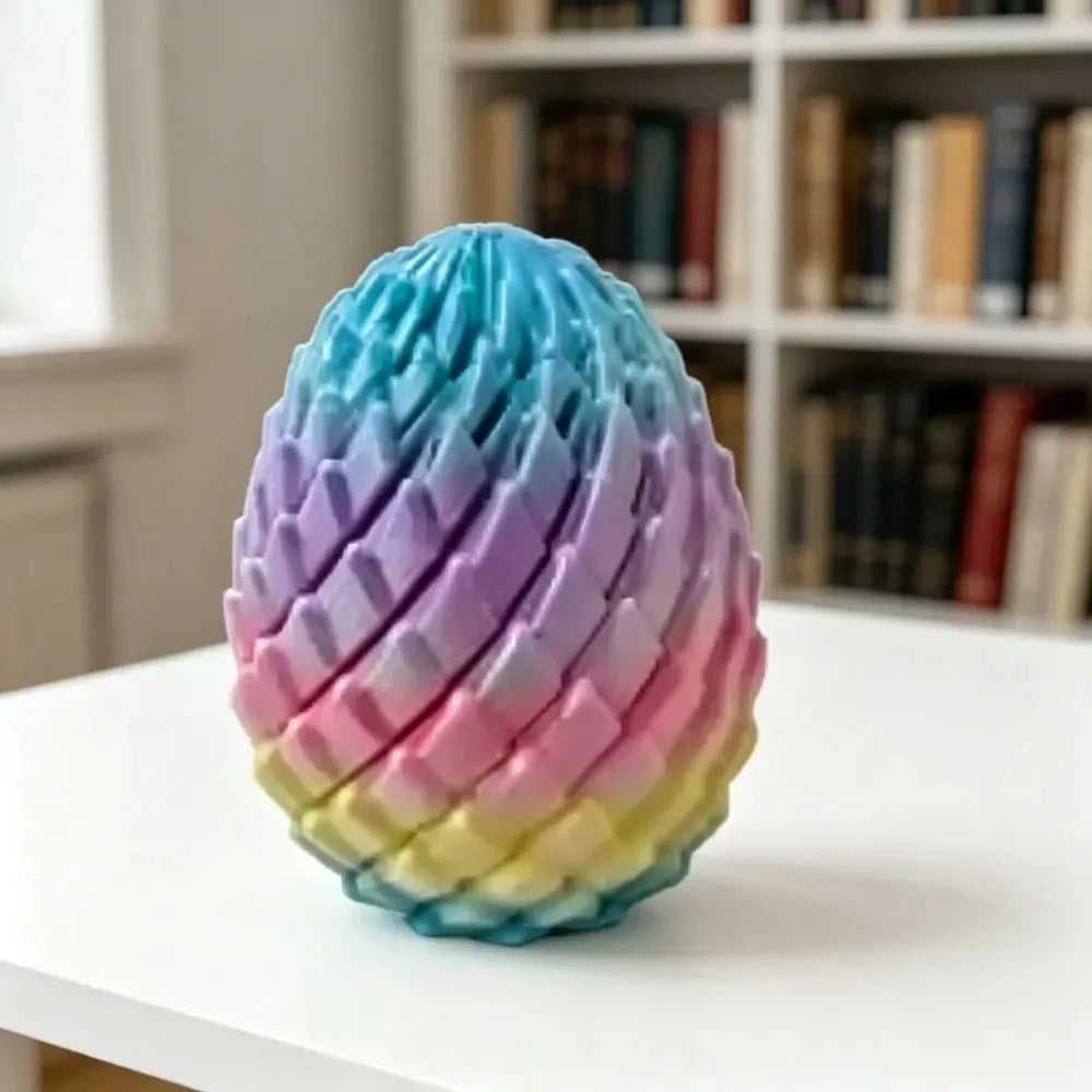 A vibrant, iridescent dragon egg fidget toy with a rainbow gradient of blue, purple, pink, and yellow.