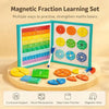 A magnetic fraction learning set featuring colored tiles and manipulatives for teaching math basics.