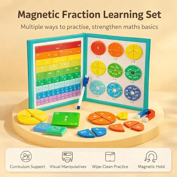 A magnetic fraction learning set featuring colored tiles and manipulatives for teaching math basics.