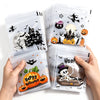 A hand holds a stack of clear self-adhesive treat bags decorated with Halloween themes like bats pumpkins and spooky silhouet
