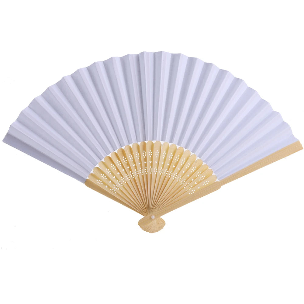 A white and light wood bamboo folding fan with pleated paper blades.