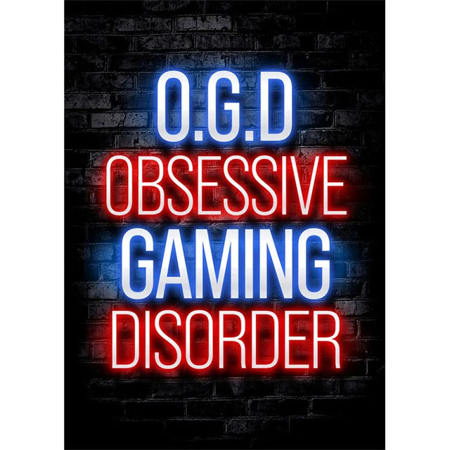 Letrero estilo neón que lee O.G.D OBSESSIVE GAMING DISORDER en azul y rojo sobre un fondo de ladrillo oscuro