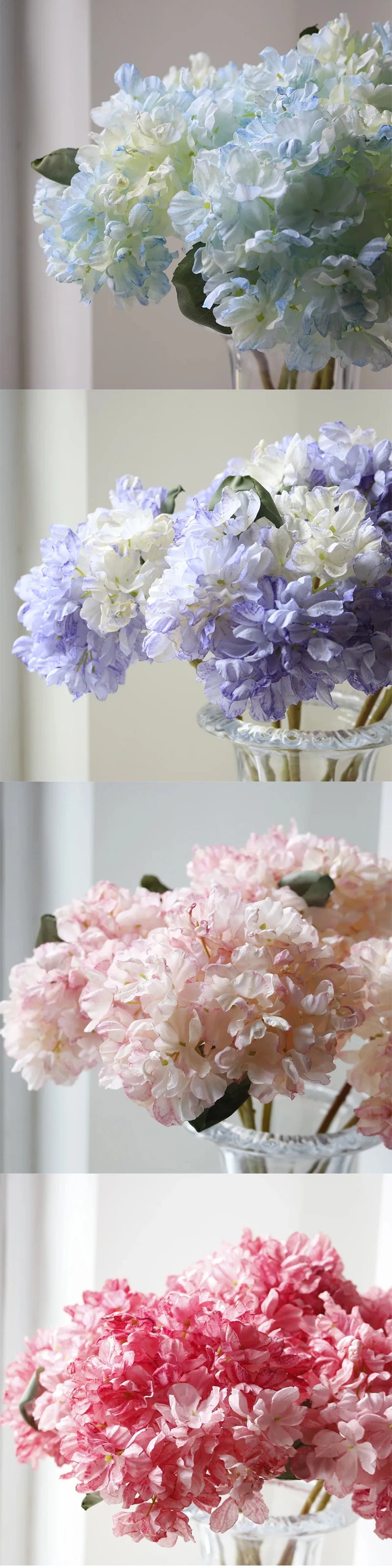 Close-up display of silk hydrangea stems in various shades of blue, purple, and pink.