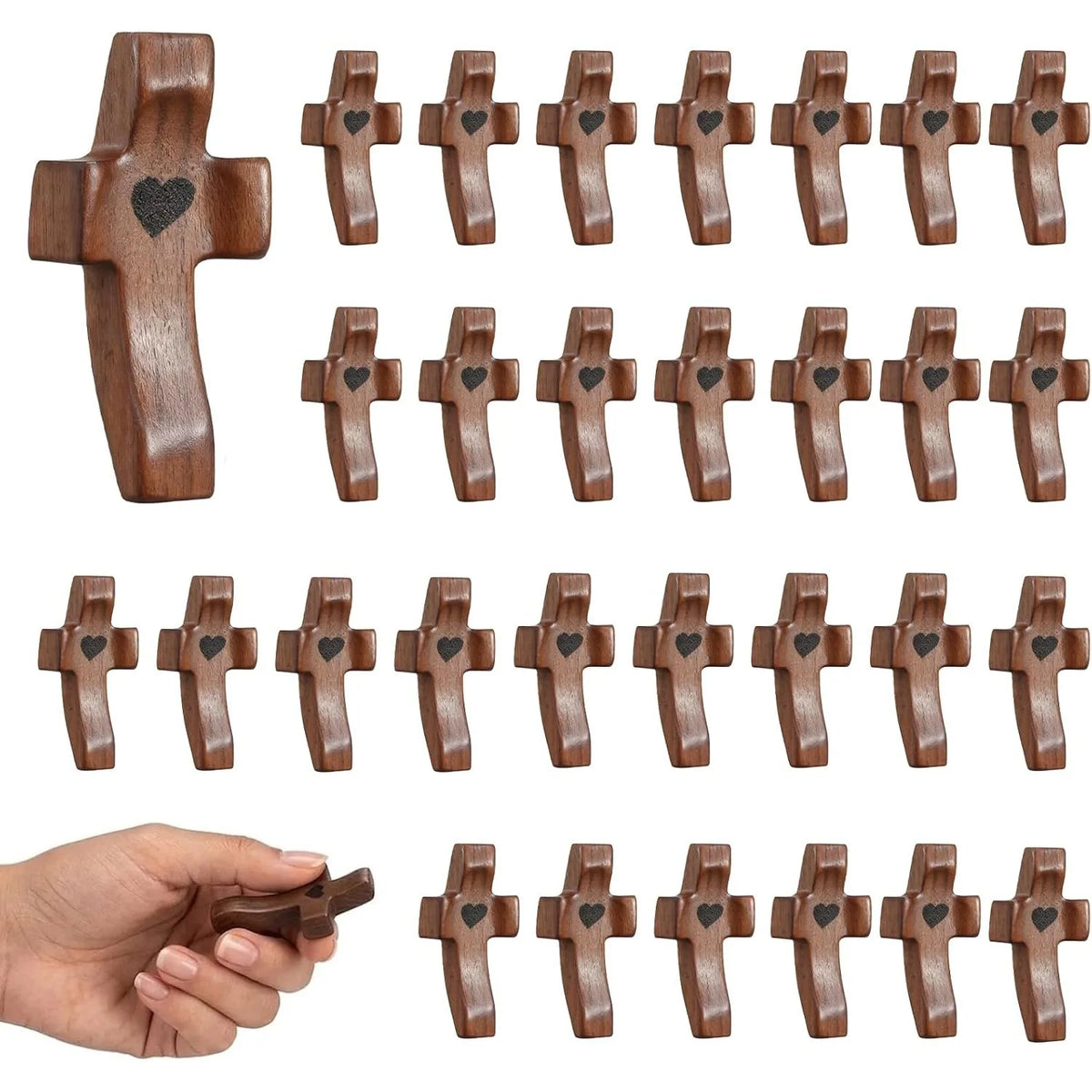 Handcrafted Wooden Pocket Cross with Heart Motif for Prayer and Stress Relief