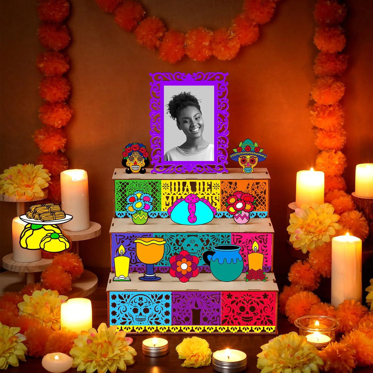 A vibrant Día de los Muertos altar display featuring a wooden memory box with a photo, surrounded by orange and yellow flower
