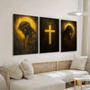 A set of three dark canvas prints depicting Jesus and the Virgin Mary with crosses and halos.