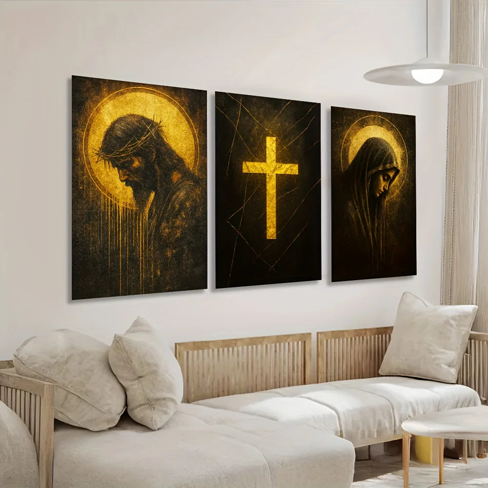 A set of three dark canvas prints depicting Jesus and the Virgin Mary with crosses and halos.