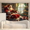 A tapestry depicting Santa Claus reading a book in a sleigh, set against a snowy Christmas backdrop.
