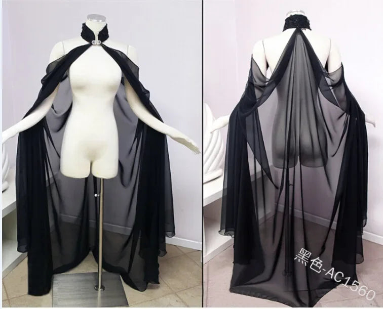 Black sheer chiffon cape with tie closure displayed on a mannequin for costume wear
