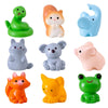 A set of eight small, colorful animal figurines including a green frog, orange cat, blue elephant, gray cat, purple pig, oran