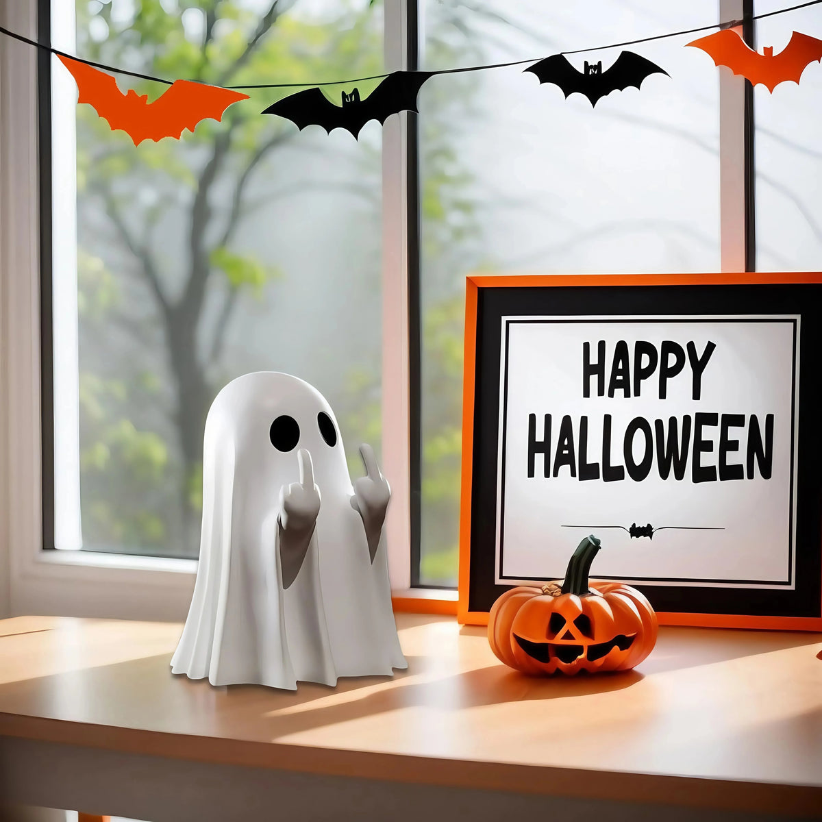 A white ghost figurine with a cheeky gesture sits on a desk decorated for Halloween with bats and a pumpkin.