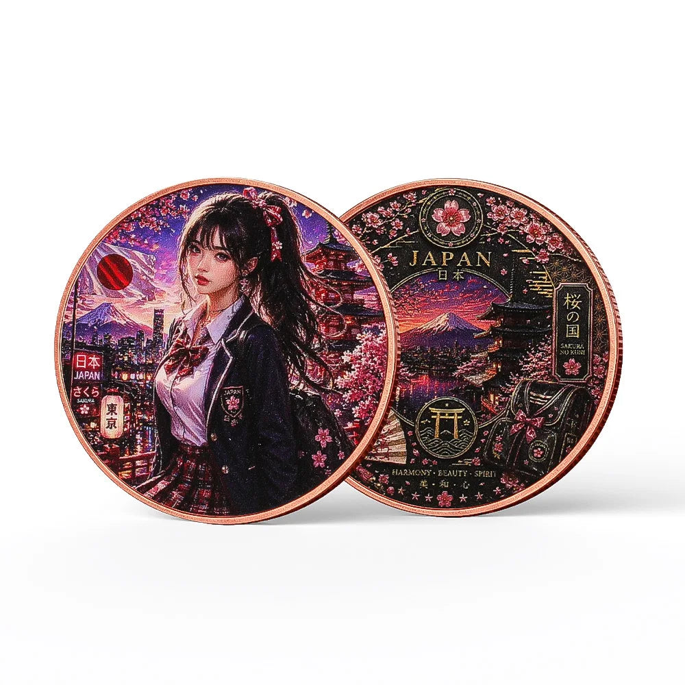 A round copper art bar featuring a woman in traditional Japanese attire and scenery, presented with a protective case.