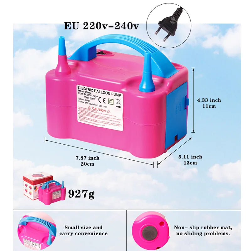 Pink and blue electric balloon air pump with dual nozzles shown against a cloudy sky.