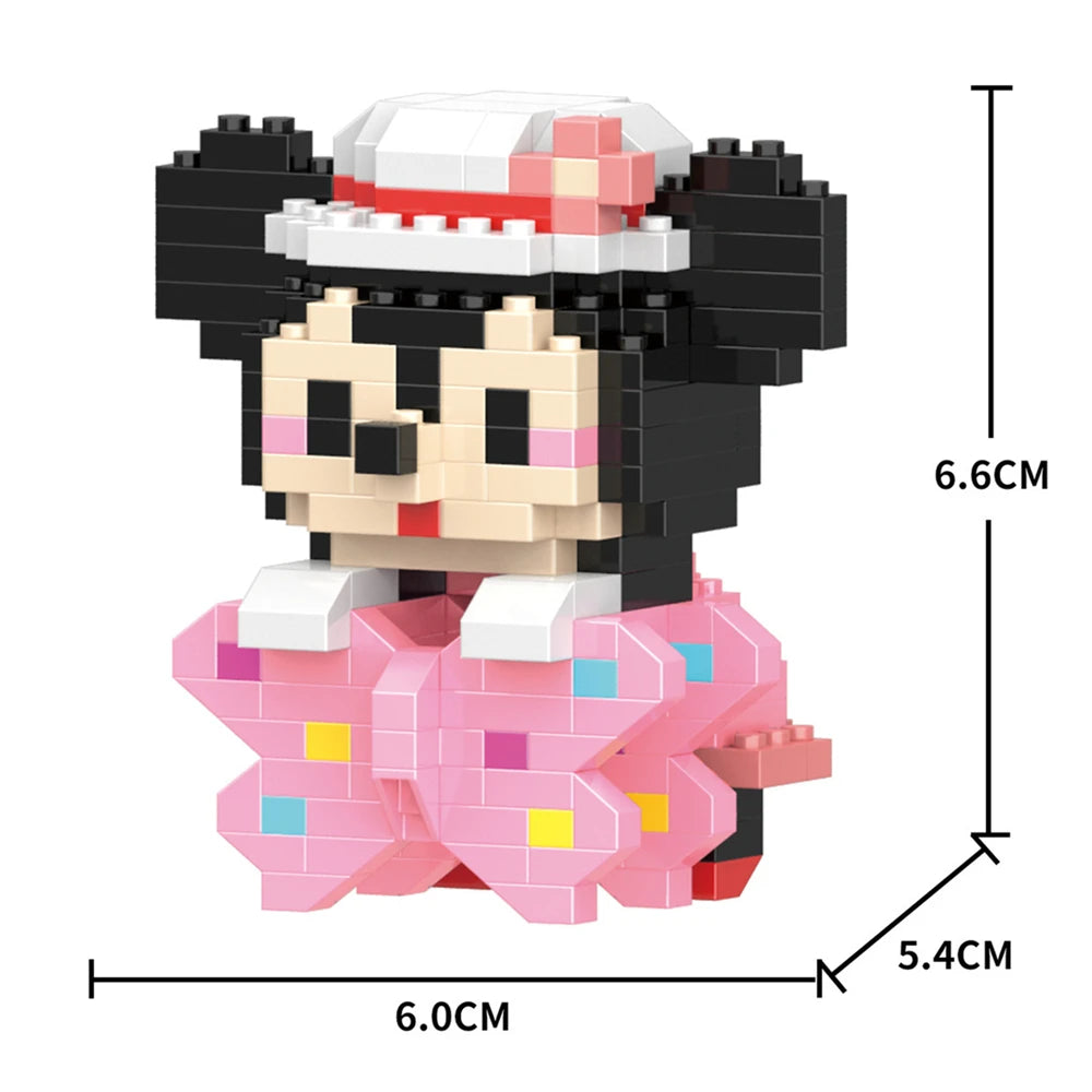 A model kit of a black and white animal character with a pink hat and pink body parts made from micro building blocks.