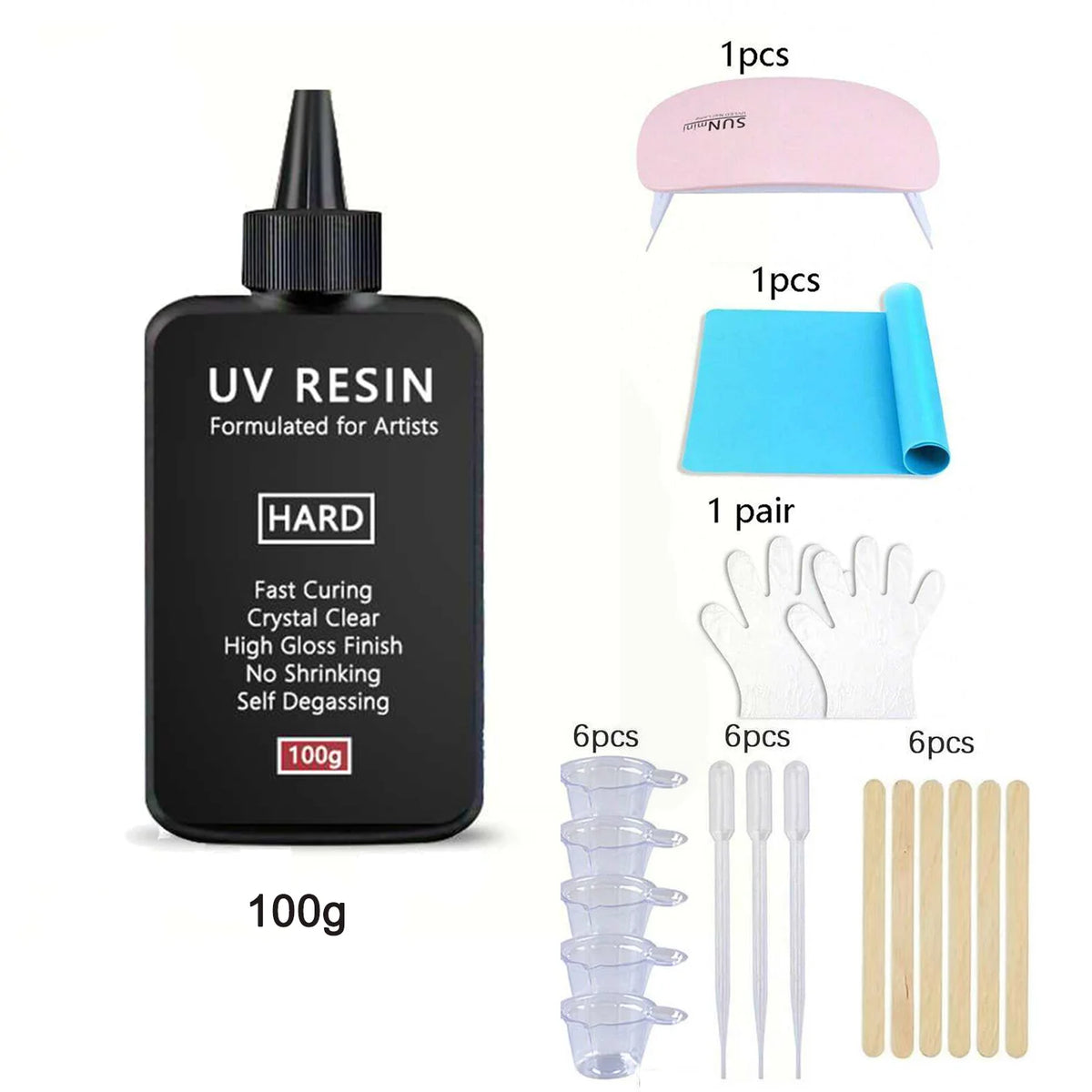 UV resin product featuring a black bottle, pink and blue silicone molds, and various silicone tools for artists