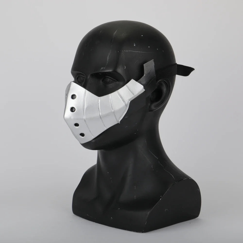 A black mannequin head wearing a silver face mask resembling Midoriya Izuku Cosplay Mask