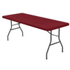 A rectangular maroon stretch spandex tablecloth table with black metal legs.