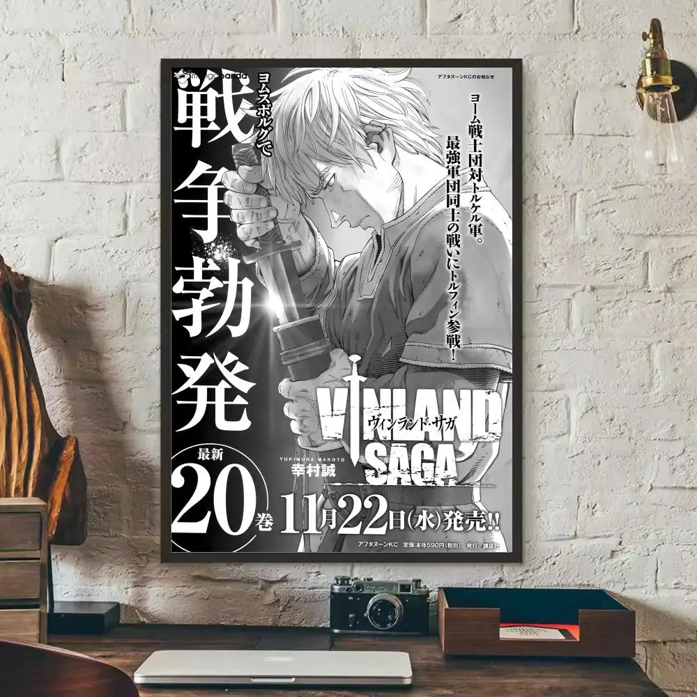 A poster featuring artwork from Vinland Saga with Japanese text and a dark background.