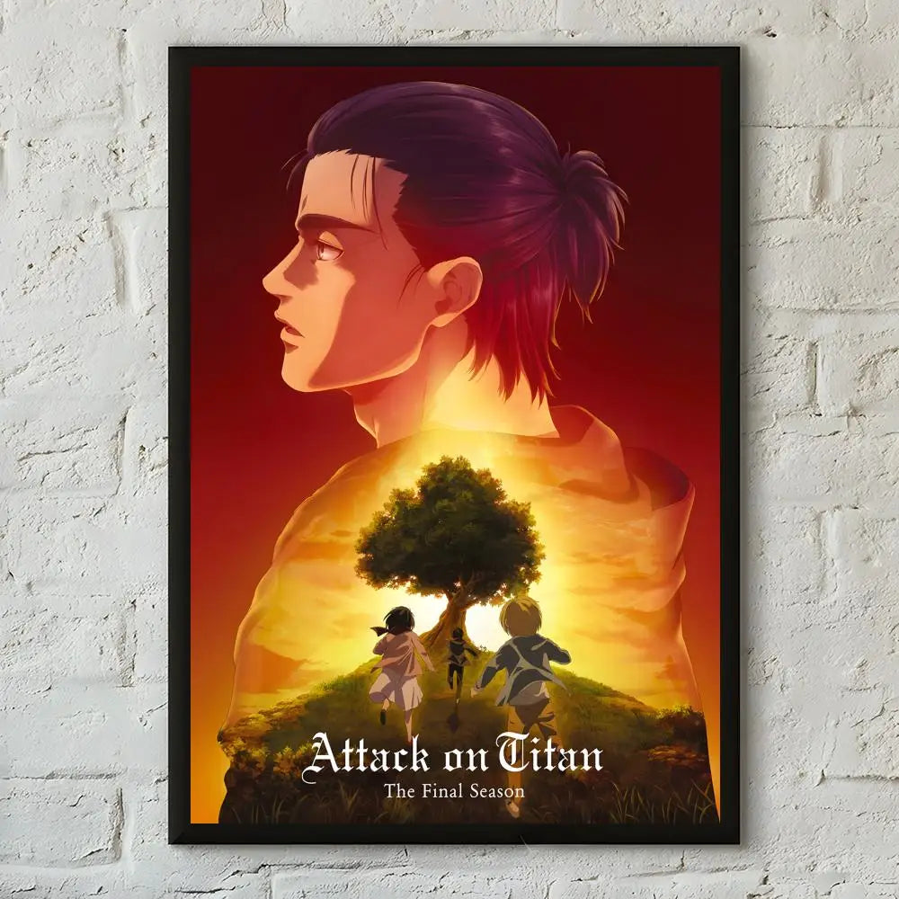 A dramatic poster featuring a character from Attack on Titan against a fiery orange and red background.