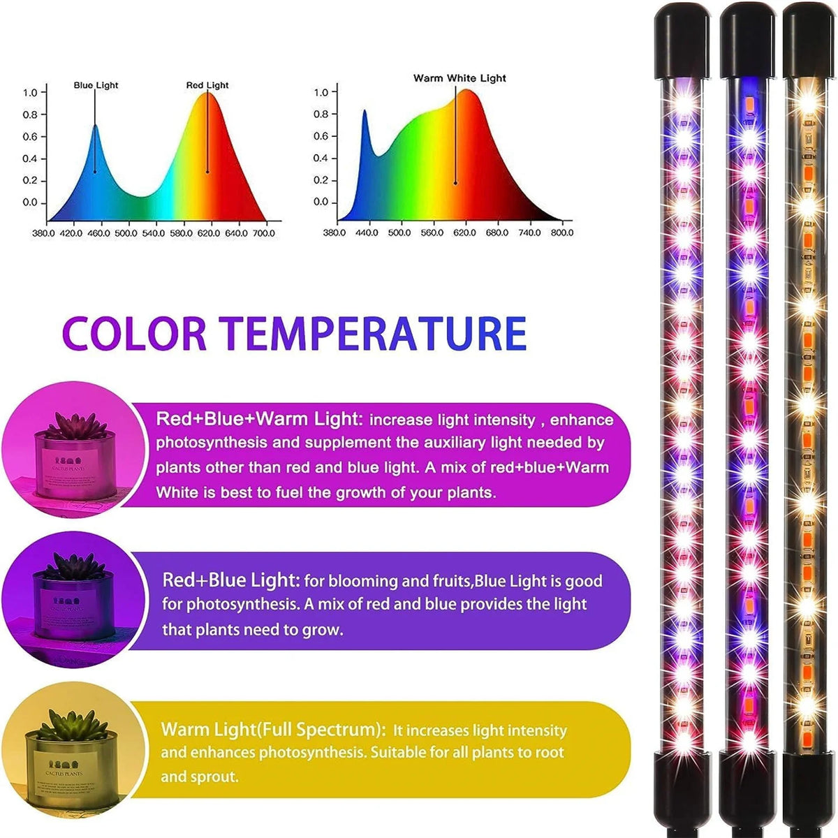 Un ensemble de lampes de croissance LED spectre complet montrant différentes températures de couleur et applications pour pla
