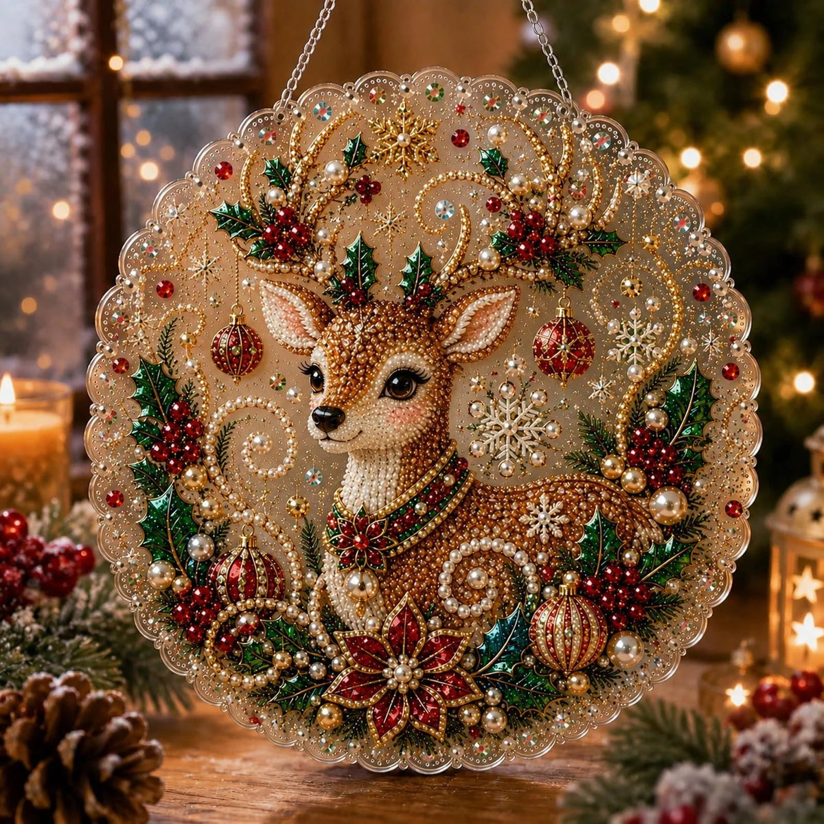 A detailed acrylic round craft ornament featuring a deer surrounded by festive greenery and sparkling pearls.