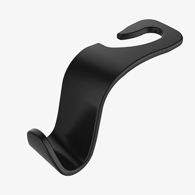 A black car headrest hook is shown, designed for bag storage.