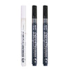 Two black acrylic paint pens with white caps and tips are shown standing vertically.