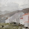 A muted oil painting depicting a white village wall and rolling hills under an overcast sky.
