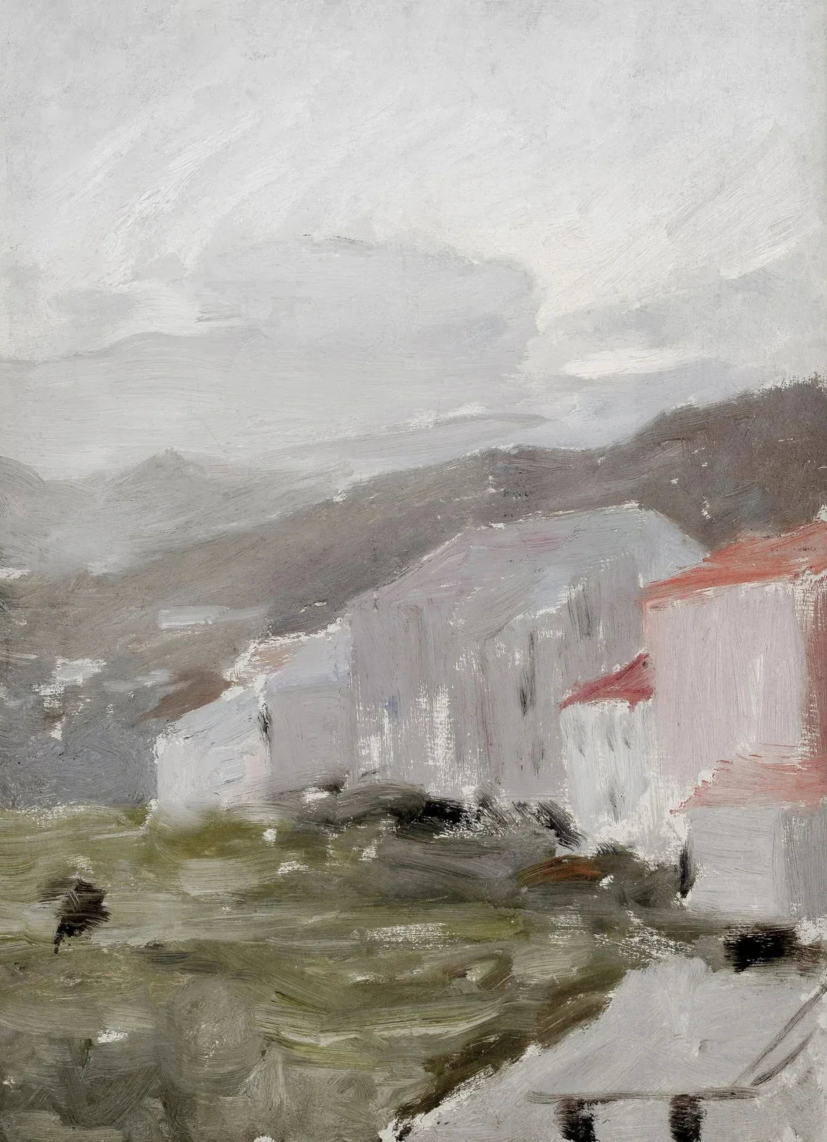 A muted oil painting depicting a white village wall and rolling hills under an overcast sky.
