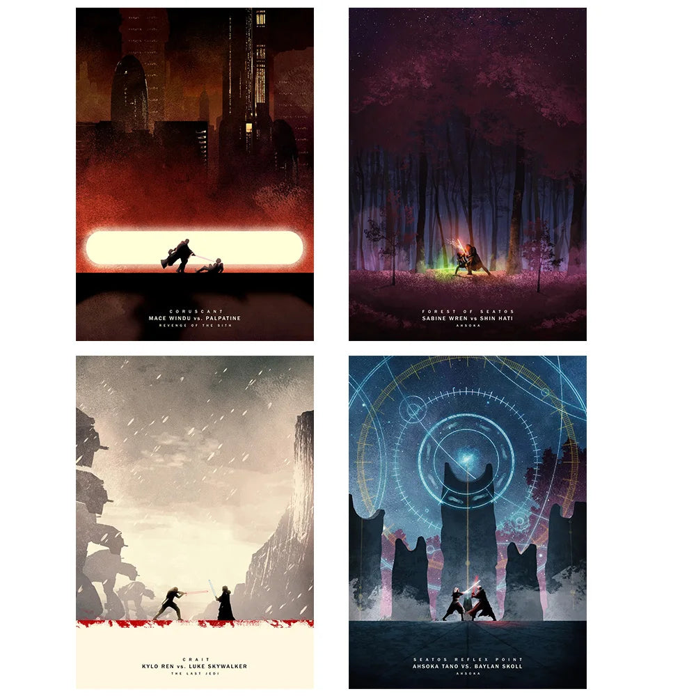 A set of four dark, moody wall art prints featuring silhouettes and landscapes inspired by the Mandalorian theme.