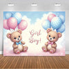 A pastel pink and blue gender reveal backdrop featuring two teddy bears in bow ties surrounded by balloons.