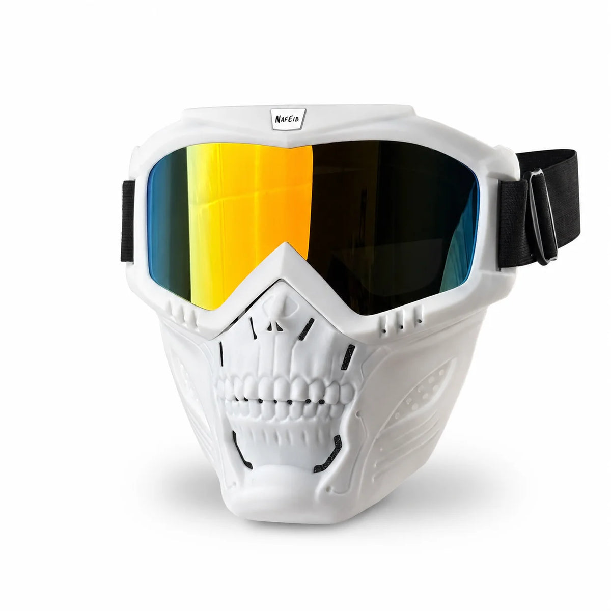White full face skull riding goggles with orange-tinted lenses and a black strap.