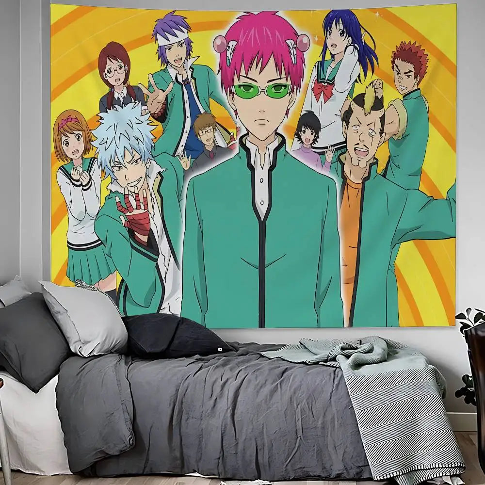 Anime tapestry wall hanging featuring characters from The Disastrous Life of Saiki K.