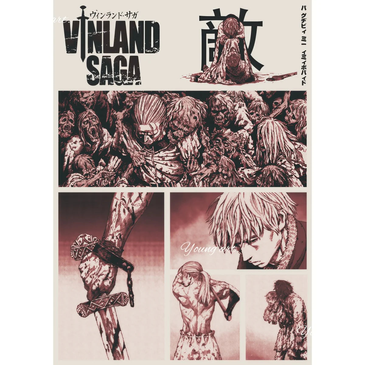 A vertical canvas wall art print featuring a dark, gritty illustration of Vikings and historical scenes in sepia tones.