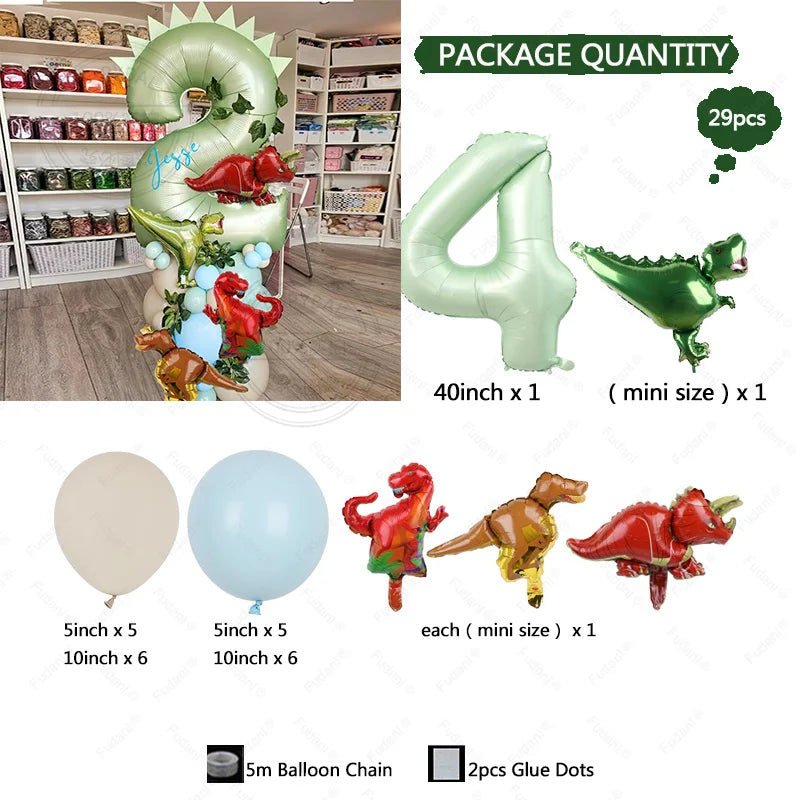 Set an grüner und roter Dinosaurierballons, inklusive eines großen Zahlenballons und Mini-Ballons.