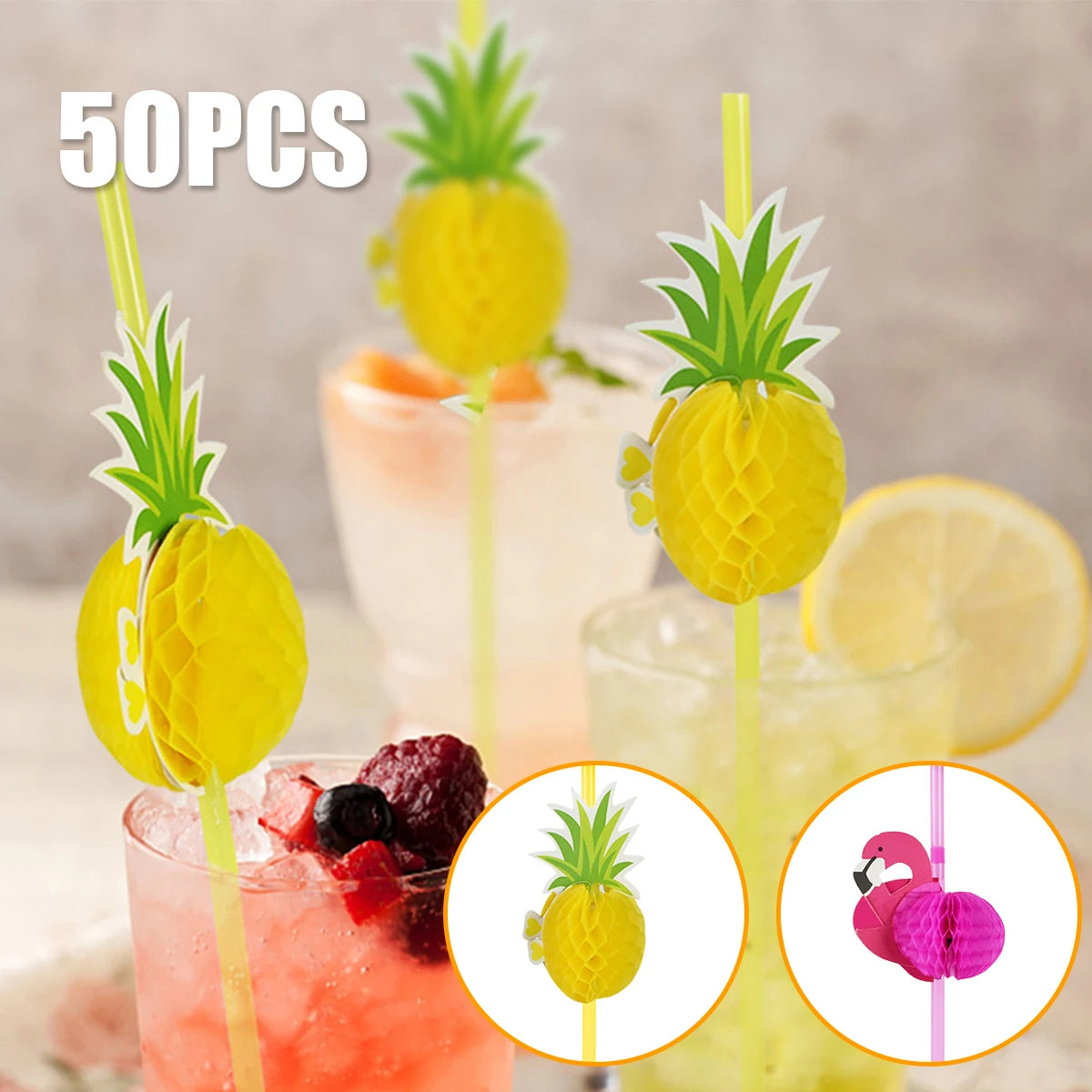 A pack of 50 tropical paper straws featuring flamingo and pineapple designs in various colors.