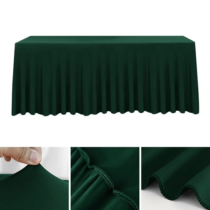 Dark green stretch rectangle tablecloth showing the pleated fabric texture and drape.
