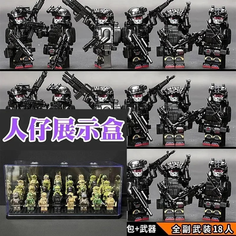 A collection of 18 miniature figures and accessories for the Veyron Special Forces Building Block Set Delta Squad Miniature.