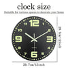 A black analog clock face with light green hour markers and hands, showing the time, suitable for home decoration.