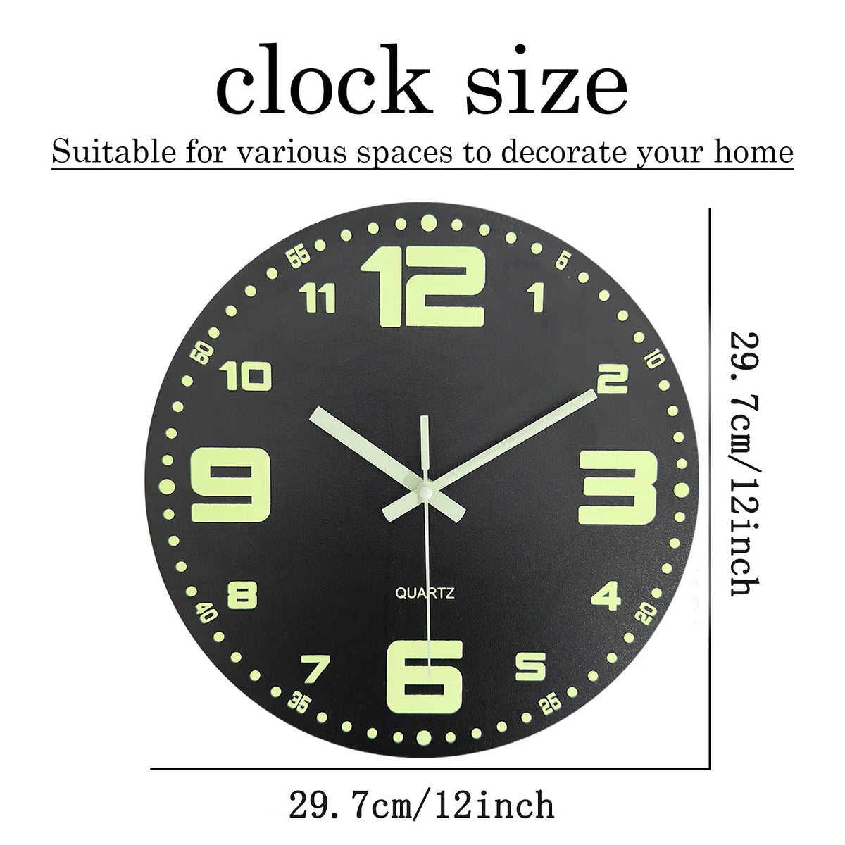 A black analog clock face with light green hour markers and hands, showing the time, suitable for home decoration.