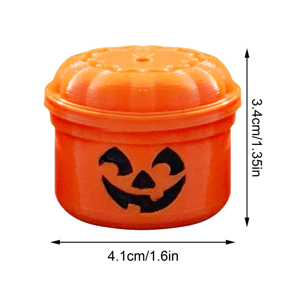 Orange miniature pumpkin Halloween bucket with a carved face design, measuring 3.4cm high and 4.1cm wide.
